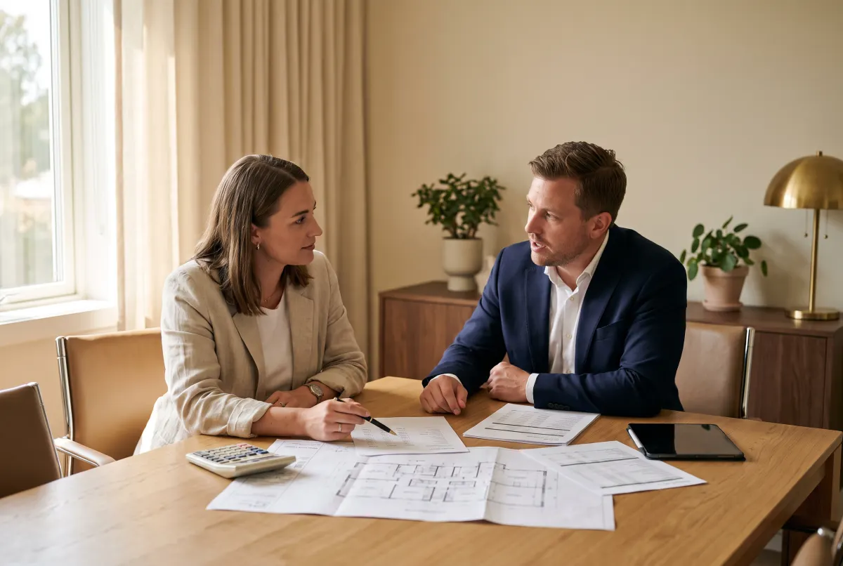 Reviewing a property file and floor plan at the Versara underwriting table