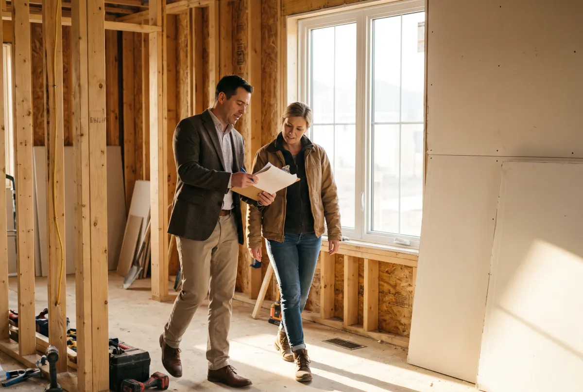 Lender and investor walking a framed residential renovation, reviewing the project plan